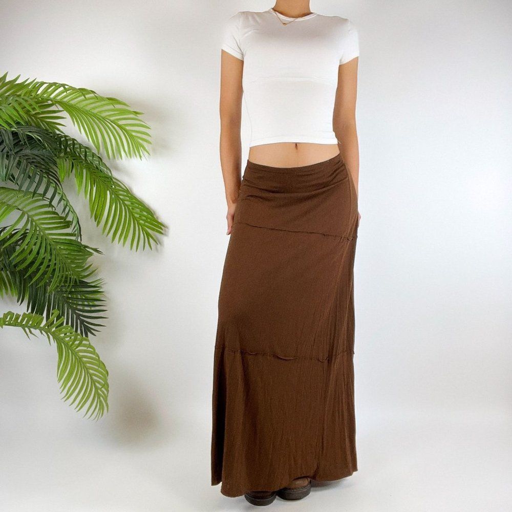 Vintage Brown Boho Fairy Grunge Low Rise Cottagecore Hippie Maxi Skirt / L